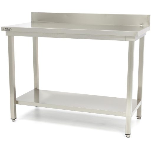 Maxima 09364024 Rozsdamentes asztal alsó polccal, hátsó felhajtással, lapraszerelt, 600x700x850mm