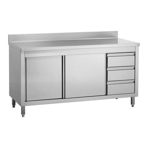 Semleges pult rozsdamentes acélból, tolóajtóval, fiókokkal, lapraszerelt, 1600x700x850mm – WT-C103106