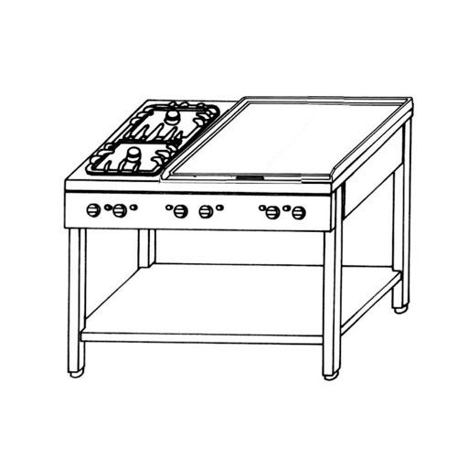 EMAX KGO-637 M 4 Gáztűzhely 2db nyílt és 4db zárt égővel, nyitott tároló állványon, 17,4kW