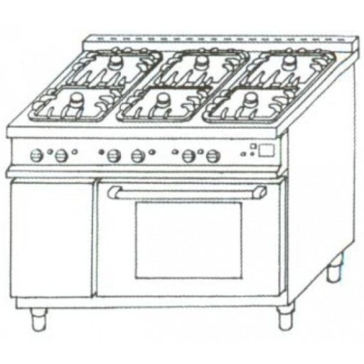 EMAX GT-61/1 Gáztűzhely 6 égős 25,2kW, GN1/1 méretű gázüzemű sütővel