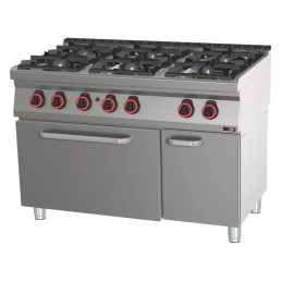   RM GASTRO REDFOX SPBT 70/120 21 G Gáztűzhely, 6 égős (2x3,5kW + 4x6kW), GN2/1 statikus gáz-sütővel, tárolószekrénnyel