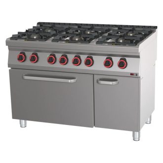   RM GASTRO REDFOX SPBT 70/120 21 GE Gáztűzhely, 6 égős (2x3,5kW + 4x6kW), GN2/1 statikus elektromos sütővel, tárolószekrénnyel