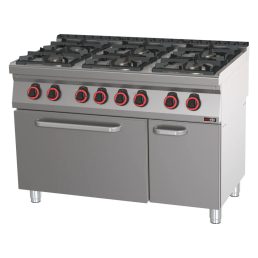   RM GASTRO REDFOX SPT 70/120 21 GE Gáztűzhely, 6 égős (2x4,5kW + 4x7,5kW), GN2/1 statikus elektromos sütővel, tárolószekrénnyel