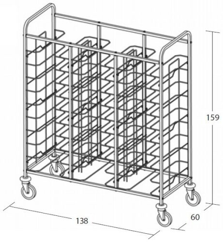 Univerzális tálcaszállító kocsi, háromoszlopos, 30 tálcához – METALCARRELLI 1480U