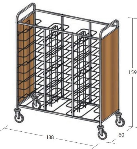 Univerzális tálcaszállító kocsi, háromoszlopos, 30 tálcához, 2 oldalon faburkolattal – METALCARRELLI 1480U-PN