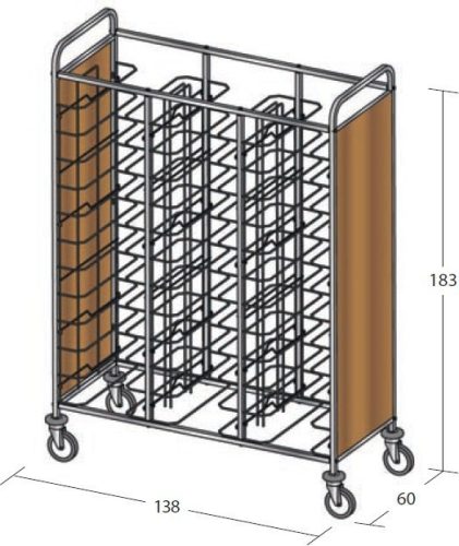 Univerzális tálcaszállító kocsi, háromoszlopos, 36 tálcához, 2 oldalon faburkolattal – METALCARRELLI 1482U-PN