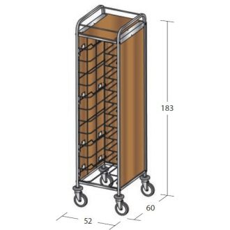   Univerzális tálcaszállító kocsi, egyoszlopos, 12 tálcához, 3 oldalon faburkolattal, felső polccal – METALCARRELLI 1474SU