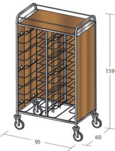 Univerzális tálcaszállító kocsi, kétoszlopos, 20 tálcához, 3 oldalon faburkolattal, felső polccal – METALCARRELLI 1476SU