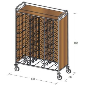   Univerzális tálcaszállító kocsi, háromoszlopos, 36 tálcához, 3 oldalon faburkolattal, felső polccal – METALCARRELLI 1483SU