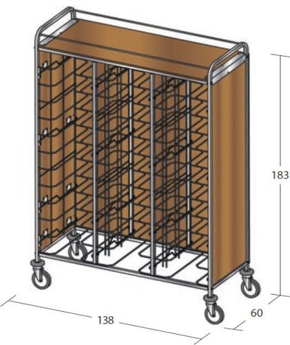 Univerzális tálcaszállító kocsi, háromoszlopos, 36 tálcához, 3 oldalon faburkolattal, felső polccal – METALCARRELLI 1483SU