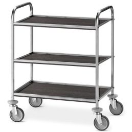   Rozsdamentes szervizkocsi, háromszintes, 70x45cm-es sötét tölgy mintás polclapokkal – METALCARRELLI 4670.3T-F