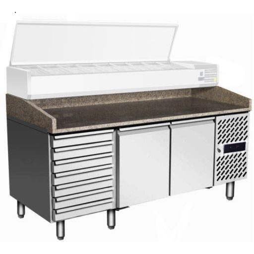 EPF 3480 Pizza előkészítő hűtött munkaasztal, 2 ajtós + 7 fiókos, feltéthűtő nélkül