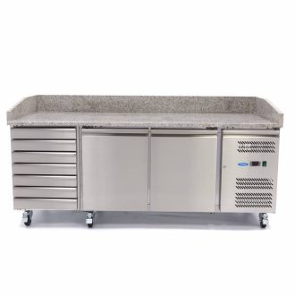   Maxima 09400210 Pizzaelőkészítő hűtött munkaasztal, két ajtóval, 7 fiókkal, feltéthűtő nélkül