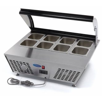   Maxima 09400870 Mini feltéthűtő vitrin, rozsdamentes, 8xGN1/6-100 edényzettel, felhajtható üveg tetővel