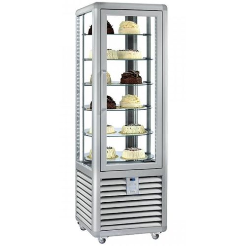 Süteményes hűtő vitrin, négy oldalon üvegezett, forgópolcos, 360L "CURVE" – SILFER CPS 350 R