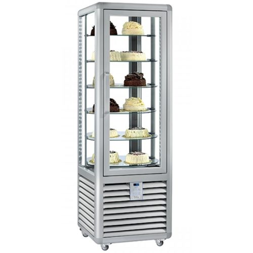 Süteményes hűtő vitrin, négy oldalon üvegezett, forgópolcos, 427L "CURVE" – SILFER CPS 450 R