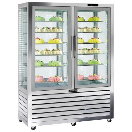 Süteményes hűtő vitrin, négy oldalon üvegezett, fix és forgó polcok, 848L "QUADRO" – SILFER QPS 900 V/R
