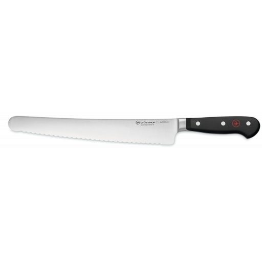 Wüsthof Classic Super Slicer 26 cm-es hullámos élű pengével és fekete markolattal, díszdobozban