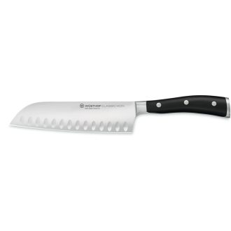   Wüsthof Classic Ikon Santoku japán szakácskés barázdált 17 cm-es pengével és fekete markolattal, díszdobozban