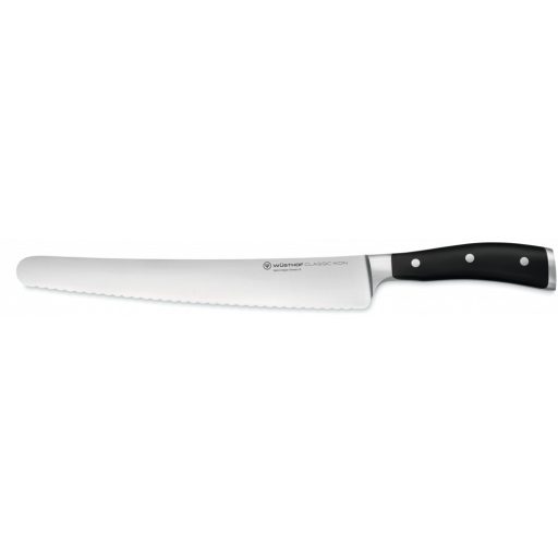 Wüsthof Classic Ikon Super Slicer 26 cm-es hullámos élű pengével, fekete markolattal, díszdobozban